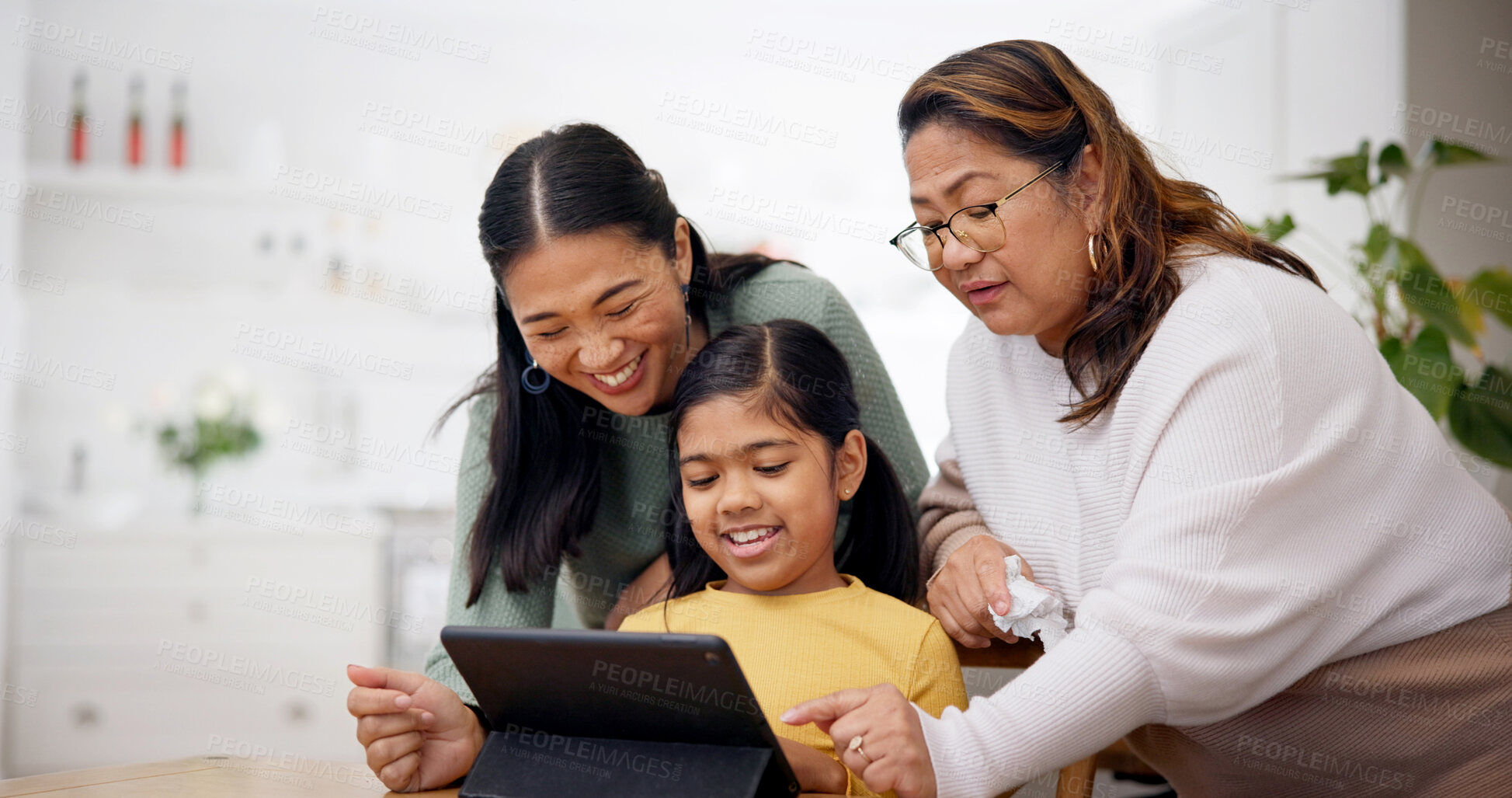 Buy stock photo Grandmother, child and mom with tablet for family bonding, generations play game or learning in home. Happy people, grandma and mother in house with girl, tech or educational website for development.