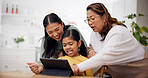 Grandma, child and mother with tablet for family bonding, generations play game or learning in home. Happy people, grandmother talk and mom in house with girl, tech and education app for development.