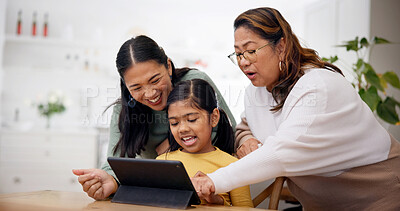 Buy stock photo Grandma, child and mother with tablet for family bonding, generations play game or learning in home. Happy people, grandmother talk and mom in house with girl, tech and education app for development.