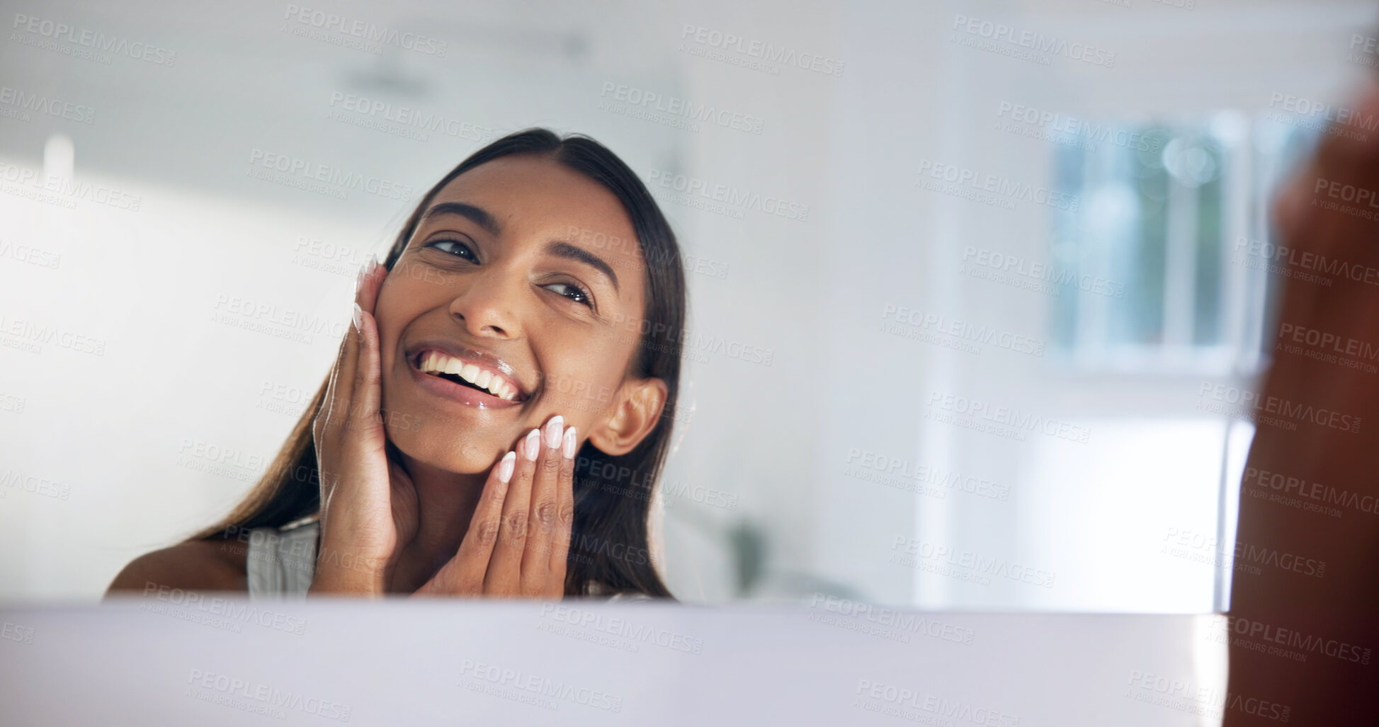 Buy stock photo Self care, mirror and happy woman in bathroom, inspection and cosmetics for healthy skin and beauty. Reflection, check and person with glow, skincare and smile with dermatology benefits in house