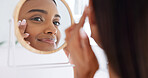 Mirror, check and woman with smile in bathroom, grooming results and skincare for beauty aesthetic. Reflection, wellness and person with facial inspection for transformation, healthy skin and home