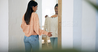 Buy stock photo Choice, woman and happy with clothes in mirror for outfit decision, getting ready and style. Reflection, fashion and person with sweater in home for garment option, wardrobe selection and start day