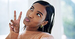 Woman, pout and peace sign in home for selfie, photography and smile for social media post. Thinking, female person and influencer at house with pov, profile picture update and vlogging for memory