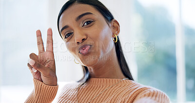Buy stock photo Portrait, woman and peace sign in home for selfie, photography and smile for social media post. Happy, female person and hand gesture at house with pov, profile picture update and vlogging for memory
