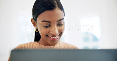 Buy stock photo Creative, research and woman with laptop in house, video editor or freelance project on social media. Editing, online and Indian person with smile, remote work and content creation with tech in home