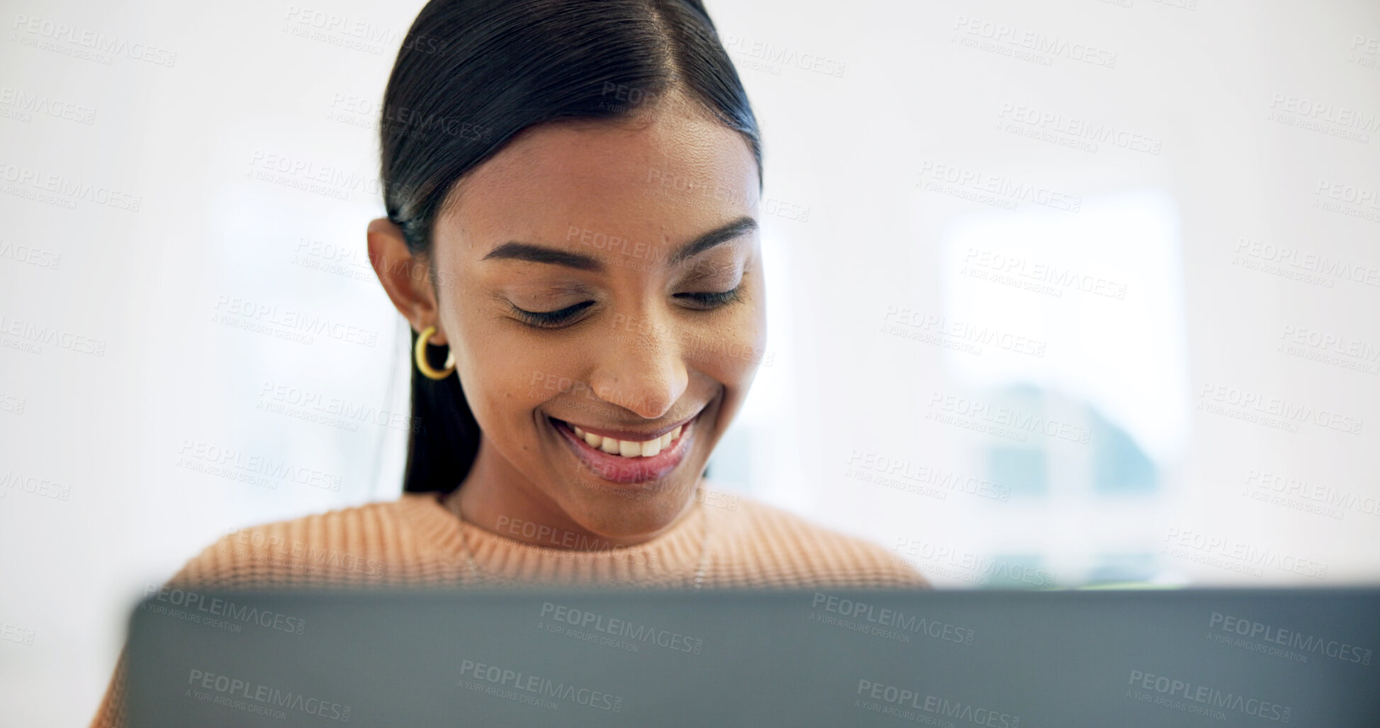 Buy stock photo Creative, research and woman with laptop in house, video editor or freelance project on social media. Editing, online and Indian person with smile, remote work and content creation with tech in home