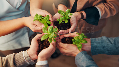 Buy stock photo Team, plants and hands for business growth with sustainability, development and startup. Above, sprout and soil with group of people for support, collaboration and progress in eco friendly project