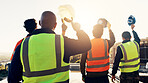 Back, construction and team celebration on site for foundation finish, inspection pass or support. Sunshine, flare and excited men with helmet for building progress, compliance success and cheer