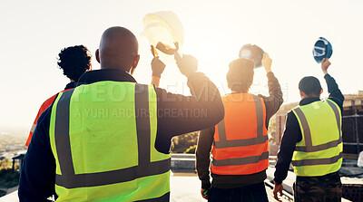 Buy stock photo Back, construction and team celebration on site for foundation finish, inspection pass or support. Sunshine, flare and excited men with helmet for building progress, compliance success and cheer