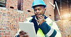 Tablet, black man and planning with radio on construction site with chat for building, renovation or repairs. Notification, talk and male civil engineer with digital tech for inspection approval