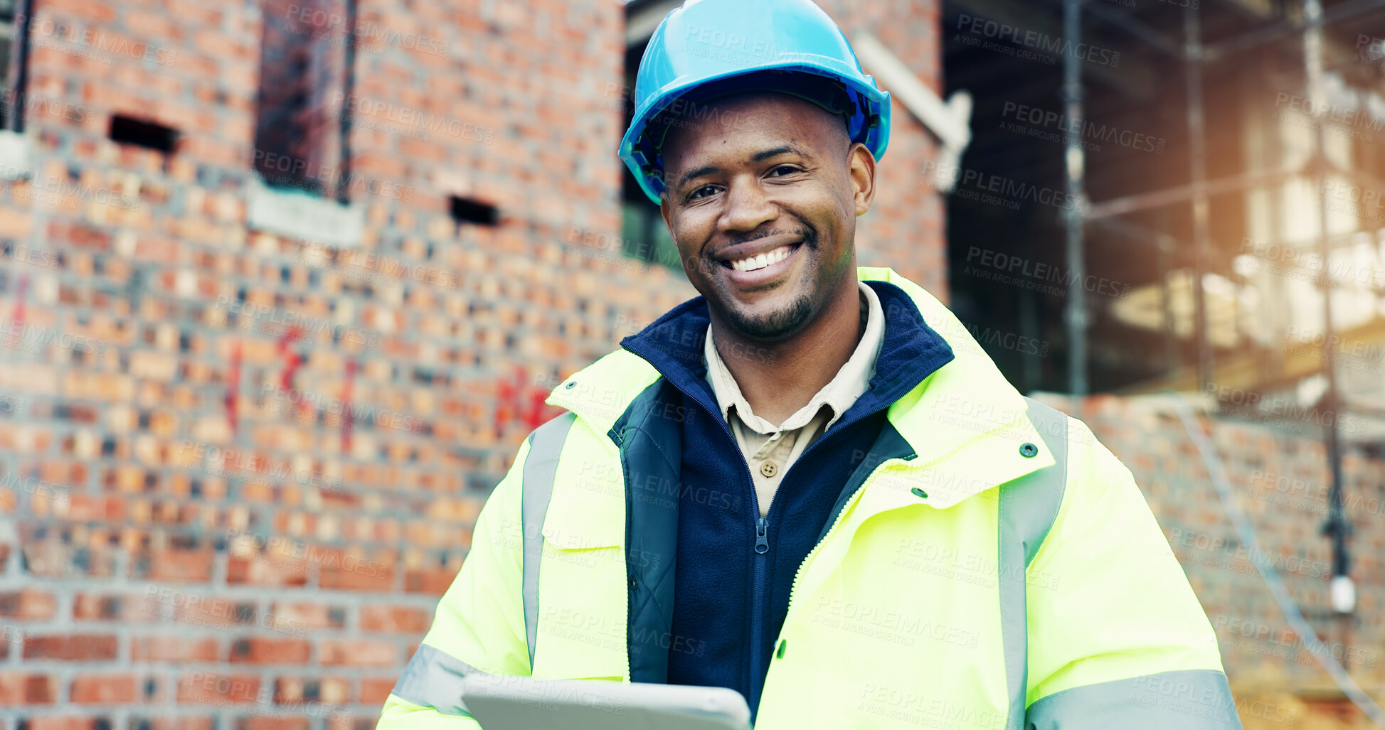 Buy stock photo Construction site, portrait and black man with smile, tablet for online schedule and feedback for inspection. Person, architecture and employee with engineering, internet and tech for renovation