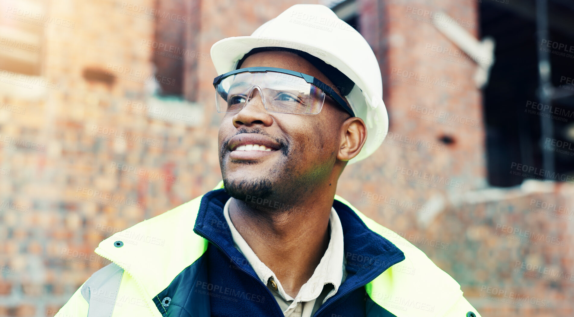 Buy stock photo Happy, construction site and thinking with black man, engineering and urban development. African person, architecture and employee with safety, solution and problem solving for renovation and smile