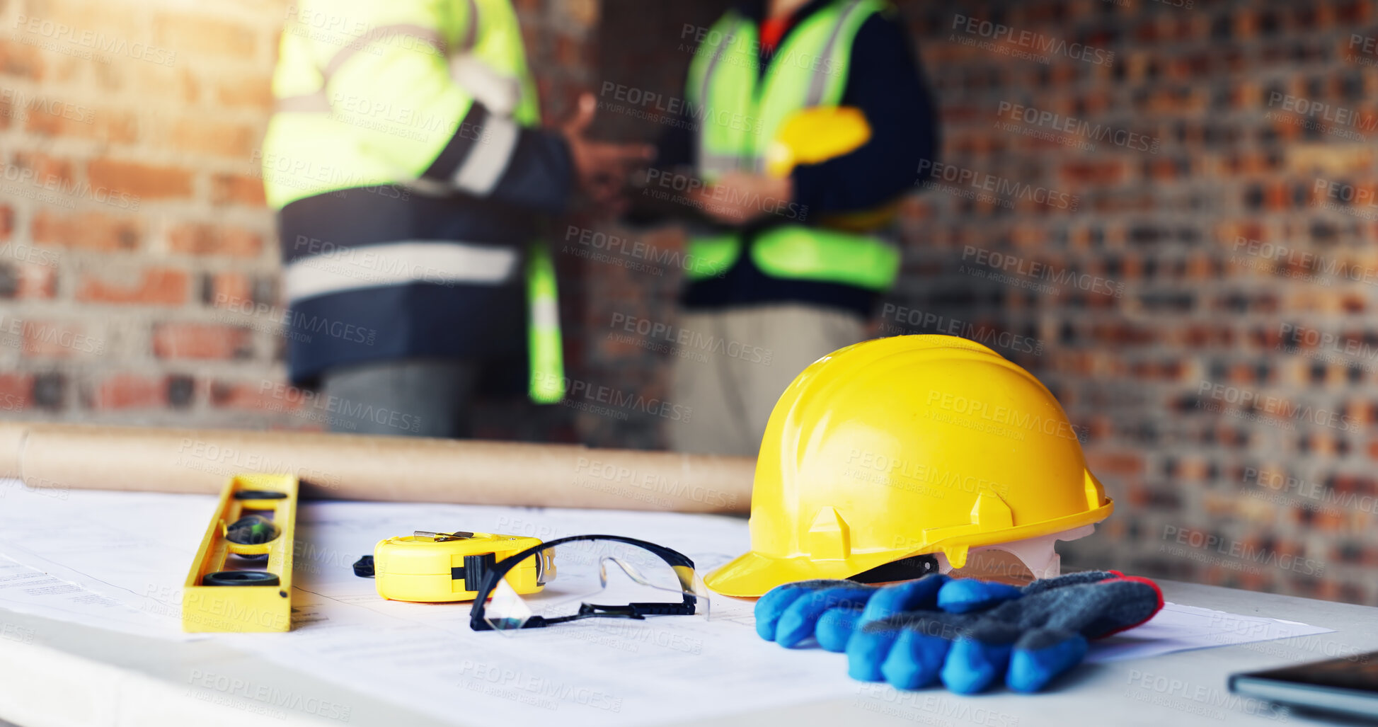 Buy stock photo Construction, blueprint and helmet with tools on table for renovation, design and contractors. Architecture, people and equipment on site for engineering, safety gear or project management paperwork