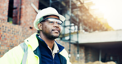 Buy stock photo Black man, choice and engineer with thinking in city, helmet and urban development at construction site. Person, architect and perspective for project with infrastructure inspection and solution