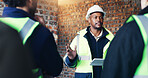 Construction site, architecture and man with discussion, tablet for online schedule and connection. People, engineering and employees with teamwork, contractor and tech for renovation or conversation