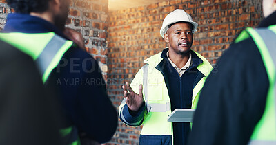Buy stock photo Construction site, architecture and man with discussion, tablet for online schedule and connection. People, engineering and employees with teamwork, contractor and tech for renovation or conversation