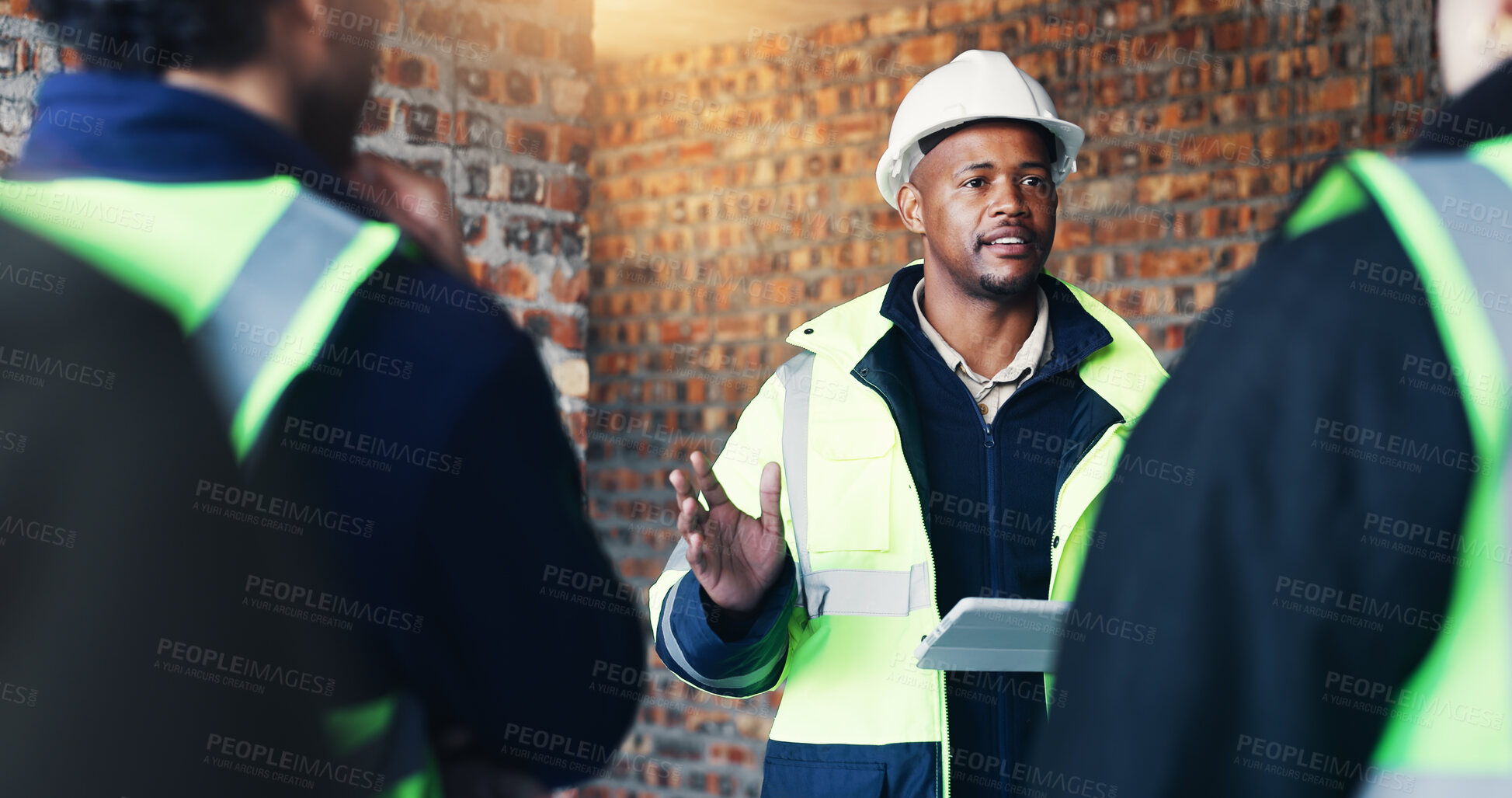 Buy stock photo Construction site, architecture and man with discussion, tablet for online schedule and connection. People, engineering and employees with teamwork, contractor and tech for renovation or conversation
