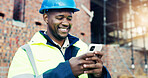 Construction, text or black man on site with phone, client approval or progress report in online chat. Smile, space or engineer with tech, inspection clearance or good news on digital platform.