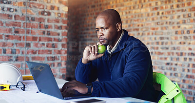 Buy stock photo Planning, black man and architect in office with laptop for project, blueprint or building development. Brainstorming, computer and male structural designer with ideas for research in workplace.
