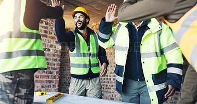 Buy stock photo Engineer, team and high five at construction site with blueprint, celebration and talk for building design. Architect, men and floor plan with partnership, success and infrastructure layout approval