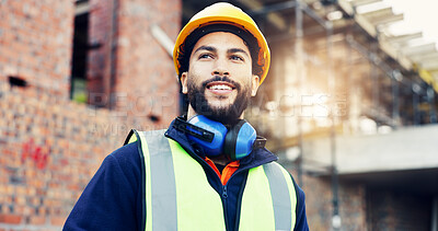 Buy stock photo Man, engineer and smile with thinking in city, helmet and urban development at construction site. Person, architect and ideas for project with infrastructure solution and problem solving in Mexico