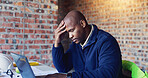 Headache, black man and architect with laptop in office with stress for project, city plan or building development. Burnout, computer and structural designer with migraine for blueprint with deadline