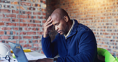 Buy stock photo Headache, black man and architect with laptop in office with stress for project, city plan or building development. Burnout, computer and structural designer with migraine for blueprint with deadline