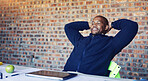 Relax, black man and architect with finished project in office for city planning or building development. Happy, calm and structural designer with completed floor plan with deadline in workplace.