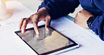 Architecture, blueprint and hands of man with tablet screen, floor plan and digital design for building. Construction, contractor and person on tech for dimensions, layout and infrastructure project
