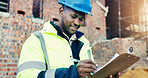 Architect, writing and black man with clipboard on construction site for building inspection. Male person, contractor or civil engineer with smile or checklist for architecture safety or security