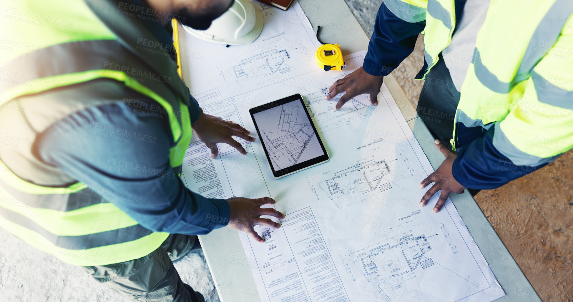 Buy stock photo Engineer, hands and blueprint on tablet with team for project, meeting and planning. Men, group collaboration and above tech screen or floor plan for architecture, construction or building process