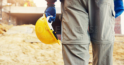 Buy stock photo Legs, helmet or worker walk on construction site for inspection, maintenance or renovation outdoor. Person, safety and civil engineer for quality control, building progress and property development
