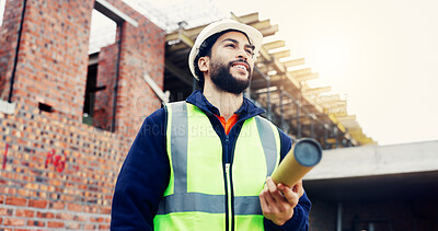 Buy stock photo Construction, thinking or man outdoor with blueprint, progress reflection or mindset in building evaluation. Smile, low angle or engineer with document, project perspective or operation plan on site.