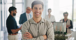 Property development, portrait or man in agency with arms crossed, about us or pride in site planning. Happy, meeting or architect with confidence, ambition or career growth as project engineer.