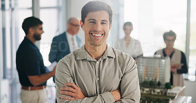 Buy stock photo Property development, portrait or man in agency with arms crossed, about us or pride in site planning. Happy, meeting or architect with confidence, ambition or career growth as project engineer.