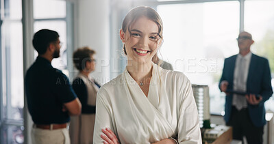 Buy stock photo Property development, portrait or woman in office with arms crossed, about us or pride in site planning. Happy, meeting or architect with confidence, ambition or career growth as project engineer.