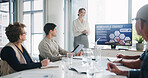 Happy, businesswoman and presentation for team in meeting, renewable energy or power crisis solution. Business people, discussion and speaker with ideas, sustainability and alternative electricity