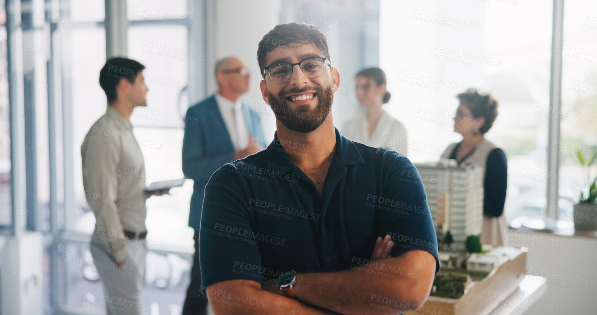 Buy stock photo Property development, portrait or man in office with arms crossed, about us or pride in site planning. Happy, meeting or architect with confidence, ambition or career growth as project engineer.