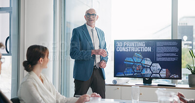 Buy stock photo Businessman, screen and presentation in office for construction, 3d printing and future innovation. Monitor, team and presenter with proposal for architecture, design idea and engineering development