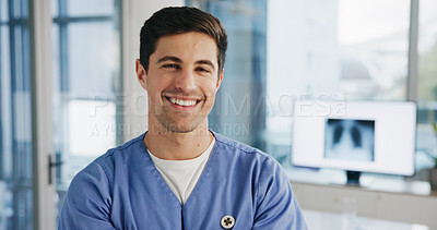Buy stock photo Portrait, smile and uniform with nurse man in hospital for healthcare, medical xray or pulmonology. Friendly, help and service with happy person in radiology clinic for internship or residency