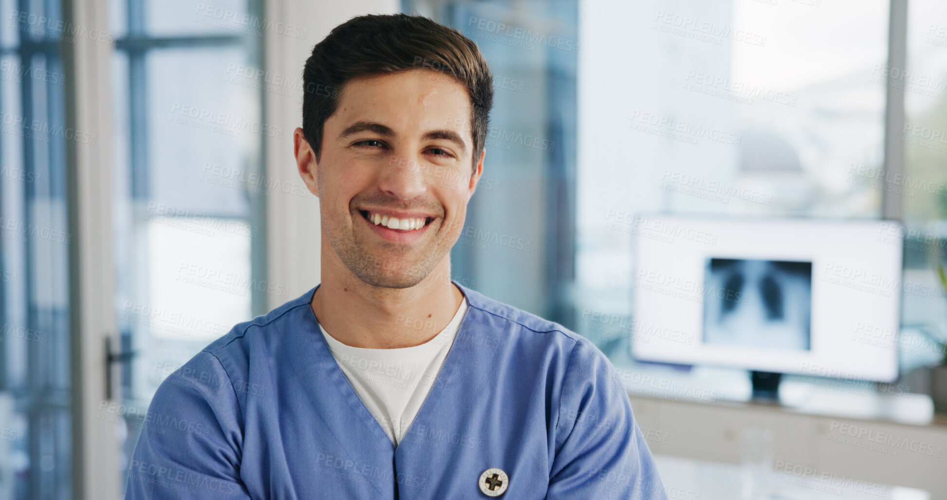 Buy stock photo Portrait, smile and uniform with nurse man in hospital for healthcare, medical xray or pulmonology. Friendly, help and service with happy person in radiology clinic for internship or residency