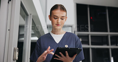 Buy stock photo Scroll, tablet and thinking with nurse woman in hospital for healthcare, medical results or review. App, planning and schedule with person in dark clinic for internship or residency as student