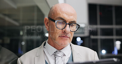 Buy stock photo Serious, businessman and research on tablet at night, investment banking and project deadline on web. Mature person, working late and business analyst with info, online and financial review with tech