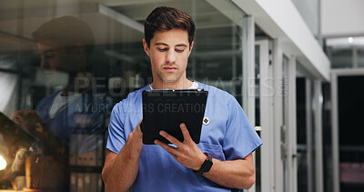 Buy stock photo Night, nurse and man with tablet for medical info, research or admin schedule in hospital. Tech, worker and person in clinic with healthcare insurance, reading report or review on overtime by glass