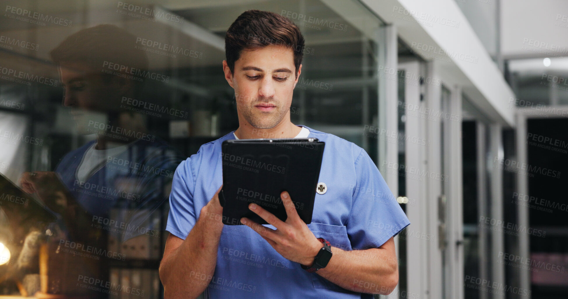 Buy stock photo Night, nurse and man with tablet for medical info, research or admin schedule in hospital. Tech, worker and person in clinic with healthcare insurance, reading report or review on overtime by glass