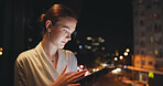 Business, tablet and woman outdoor at night for city buildings, realtor listing or connection. Real estate, agent and technology on balcony with space, online website or digital app for urban news
