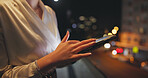 Business, tablet and hands outdoor at night for research, stock market or connection. Woman, scroll and technology on balcony with internet, online website or investment app in city with bokeh