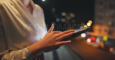 Buy stock photo Business, tablet and hands outdoor at night for research, stock market or connection. Woman, scroll and technology on balcony with internet, online website or investment app in city with bokeh