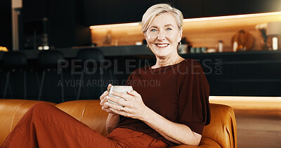 Buy stock photo Smile, coffee and mature woman in home, portrait and rest with peace on weekend break. Morning beverage, calm and happy person in living room for wellness, self care and staycation at apartment