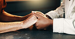 Holding hands, support and couple in home with comfort. bonding and love in marriage on weekend. Commitment, solidarity and man with woman for connection. loyalty and trust in relationship at house.